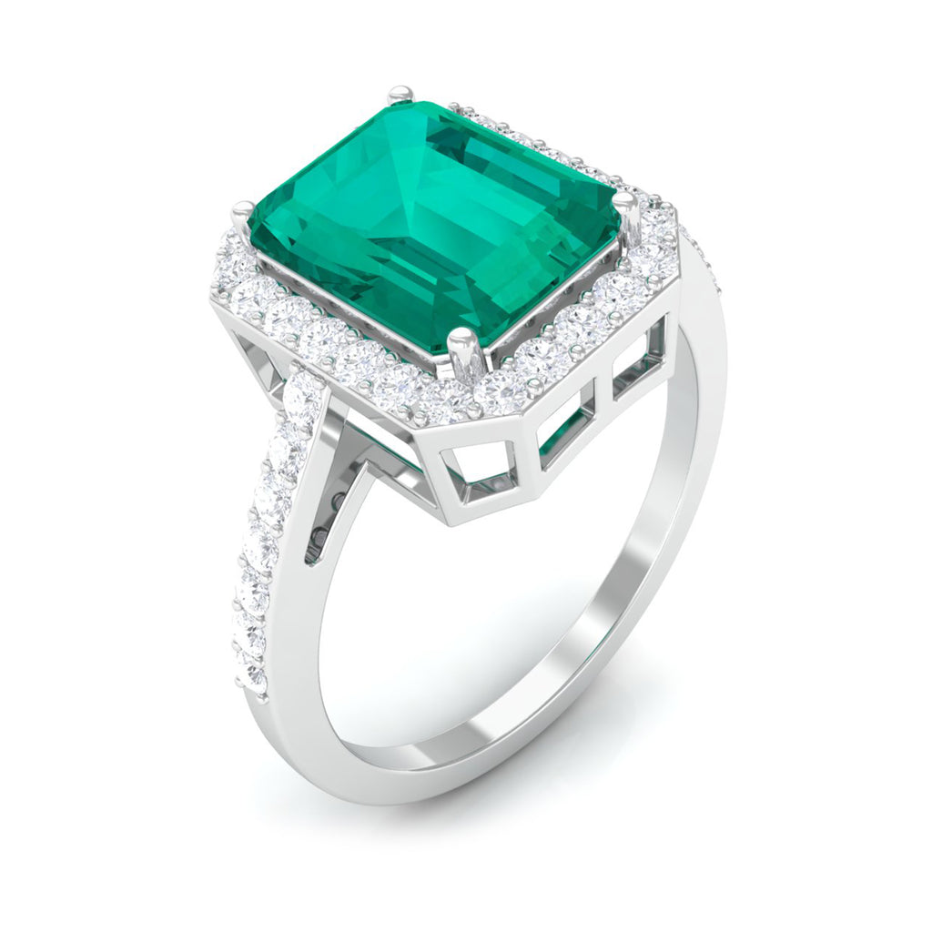 Lab Created Emerald Statement Engagement Ring With Moissanite Halo Lab Created Emerald - ( AAAA ) - Quality - Rosec Jewels