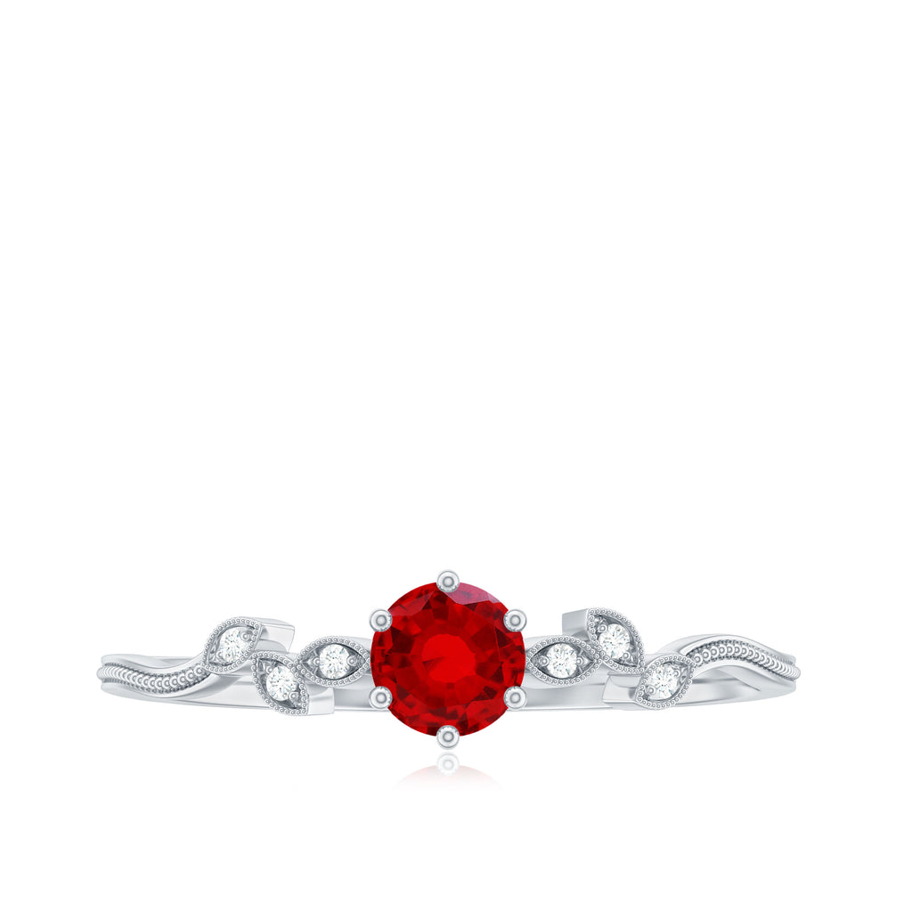 Created Ruby and Diamond Minimal Leaf Branch Ring Lab Created Ruby - ( AAAA ) - Quality - Rosec Jewels