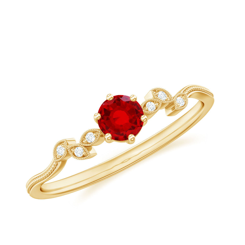 Created Ruby and Diamond Minimal Leaf Branch Ring Lab Created Ruby - ( AAAA ) - Quality - Rosec Jewels