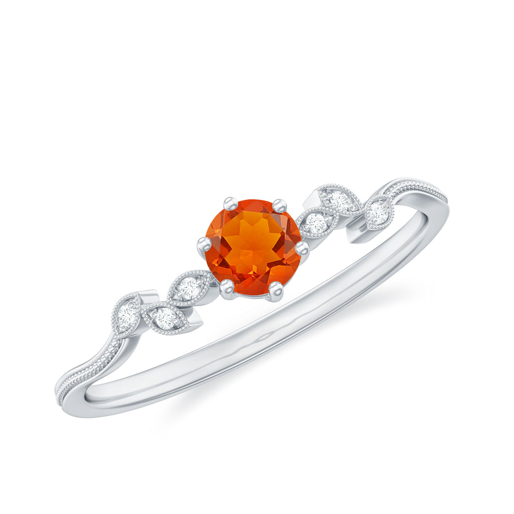 Round Fire Opal Minimal Leaf Promise Ring with Diamond in Gold Fire Opal - ( AAA ) - Quality - Rosec Jewels