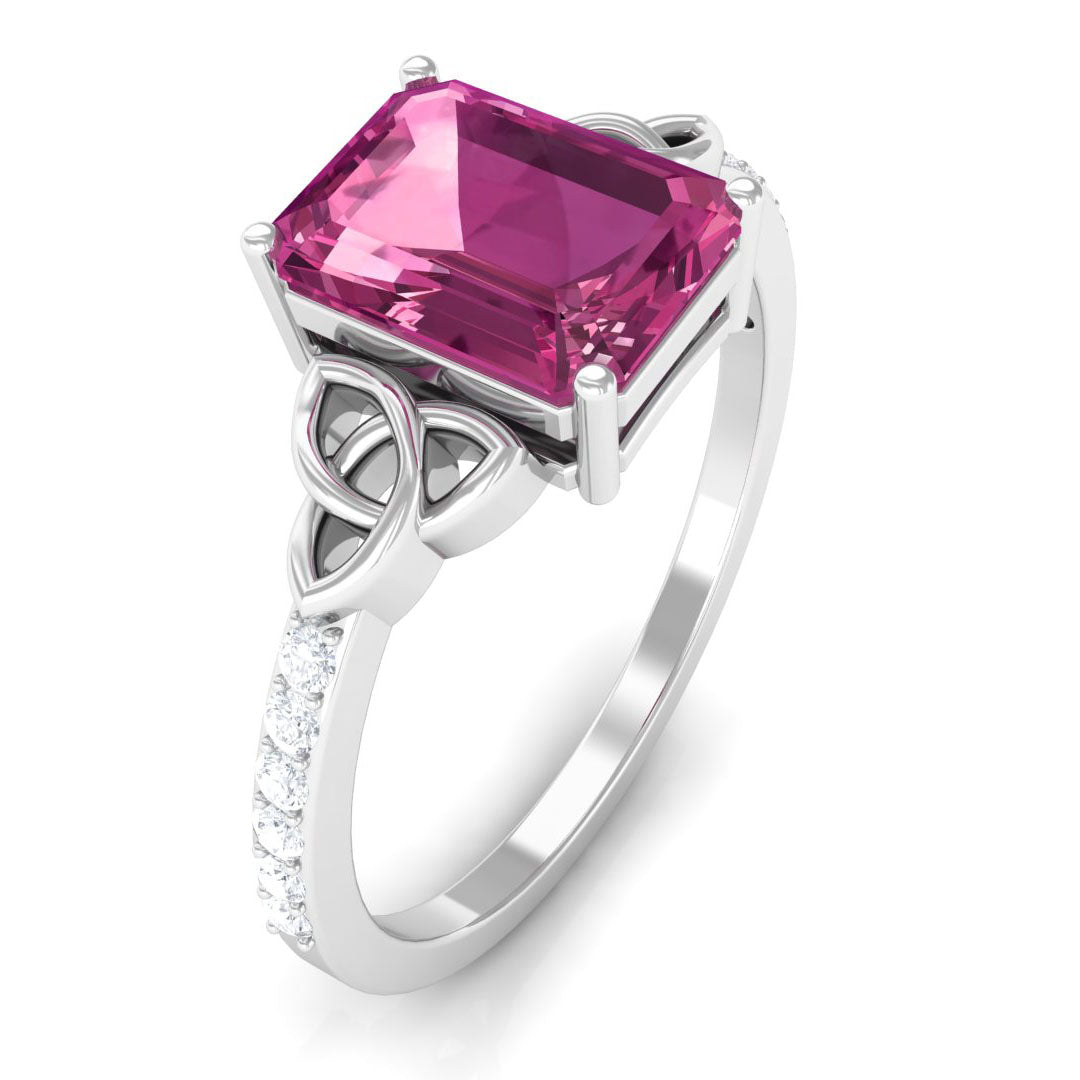 Emerald Cut Pink Tourmaline Solitaire Celtic Engagement Ring with Diamond Pink Tourmaline - ( AAA ) - Quality - Rosec Jewels