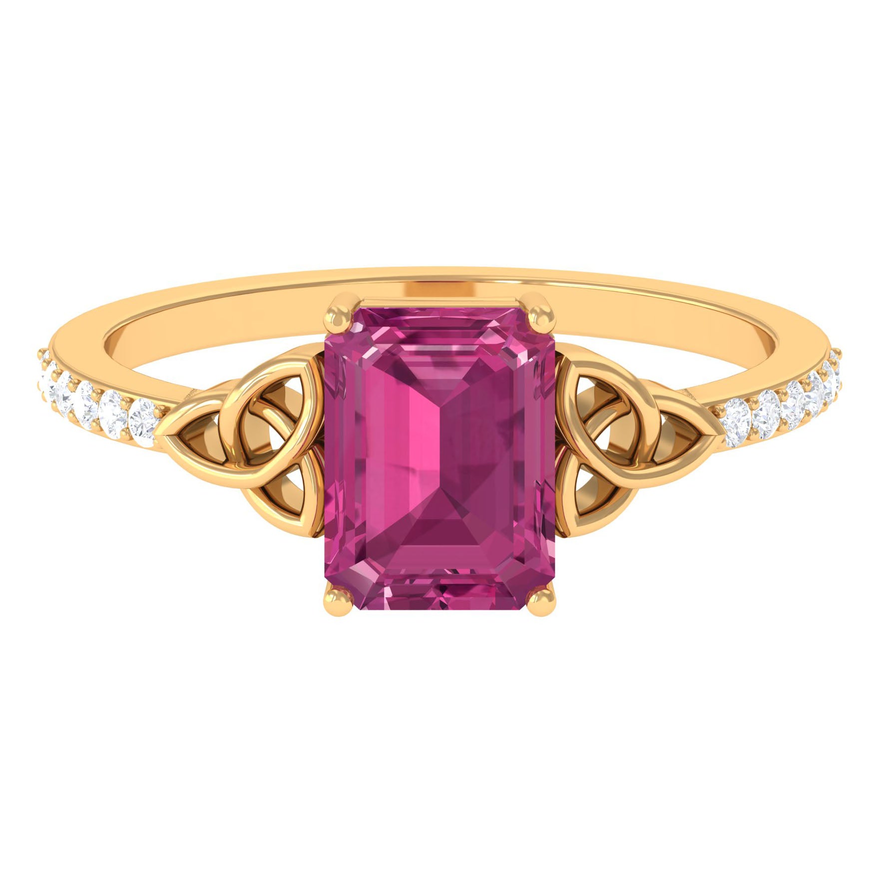 Emerald Cut Pink Tourmaline Solitaire Celtic Engagement Ring with Diamond Pink Tourmaline - ( AAA ) - Quality - Rosec Jewels