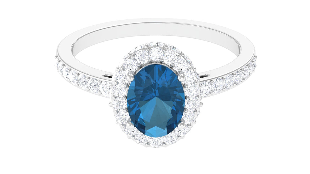 Oval London Blue Topaz Classic Halo Engagement Ring with Moissanite London Blue Topaz - ( AAA ) - Quality - Rosec Jewels