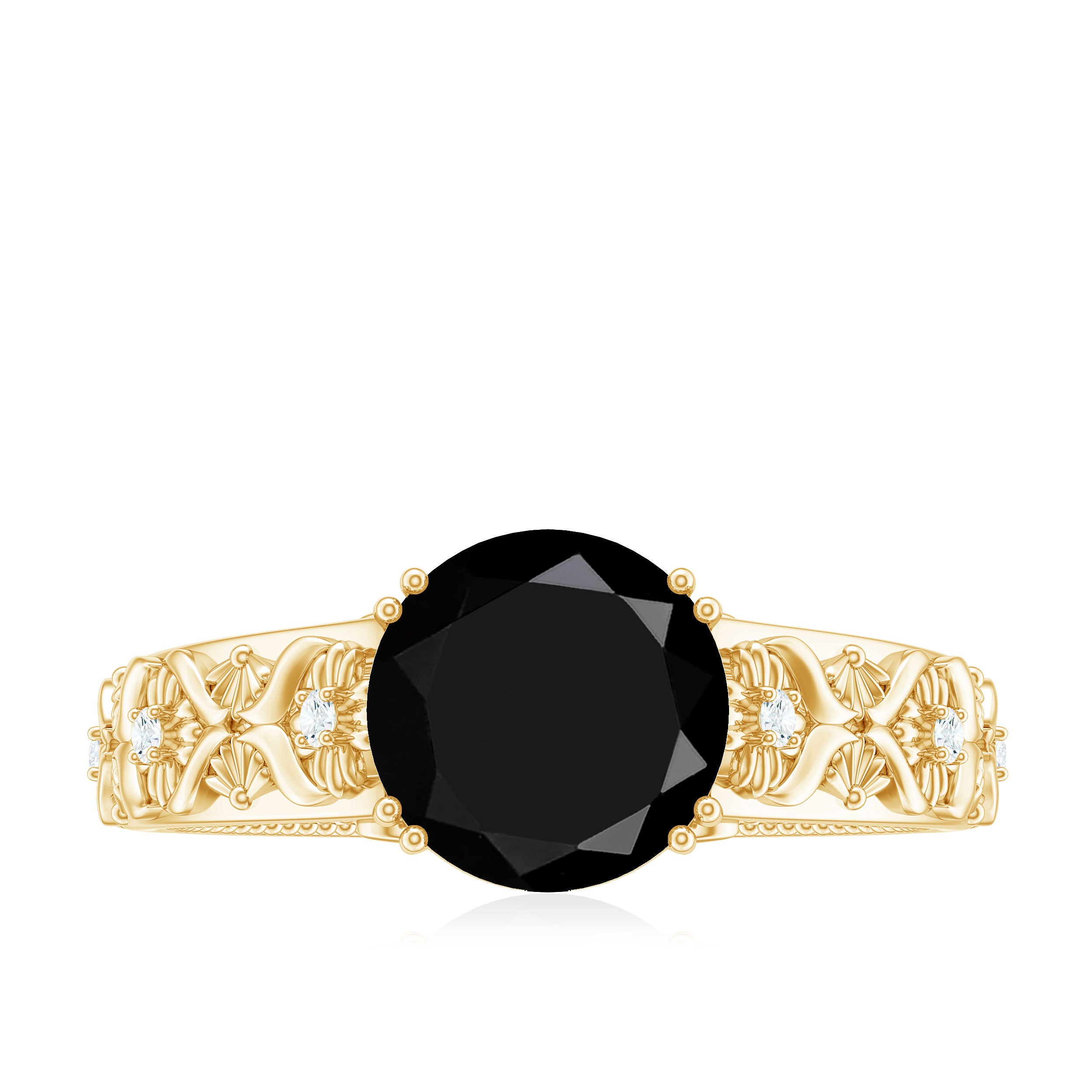 Solitaire Black Onyx Flower Engagement Ring with Diamond Black Onyx - ( AAA ) - Quality - Rosec Jewels