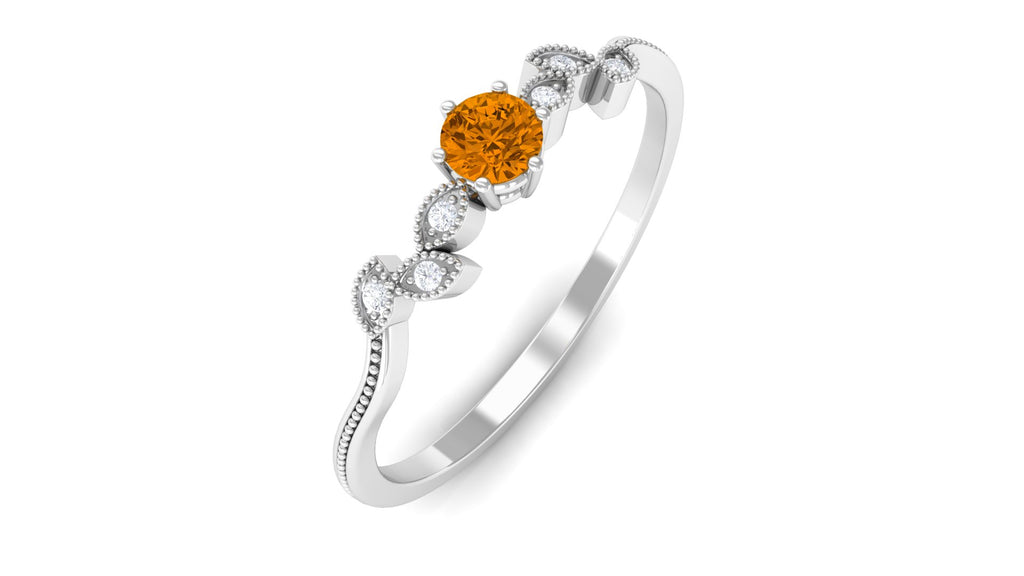 Natural Citrine Solitaire Leaf Inspired Promise Ring with Diamond Citrine - ( AAA ) - Quality - Rosec Jewels