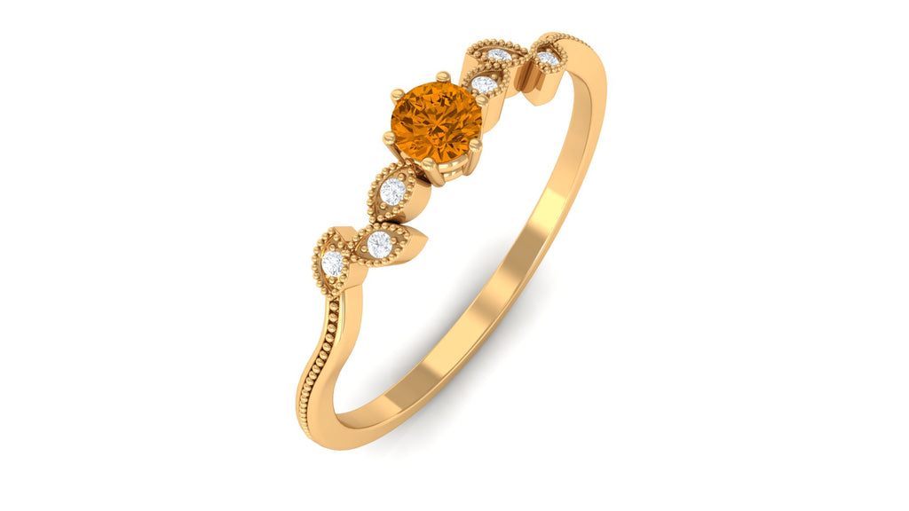 Natural Citrine Solitaire Leaf Inspired Promise Ring with Diamond Citrine - ( AAA ) - Quality - Rosec Jewels