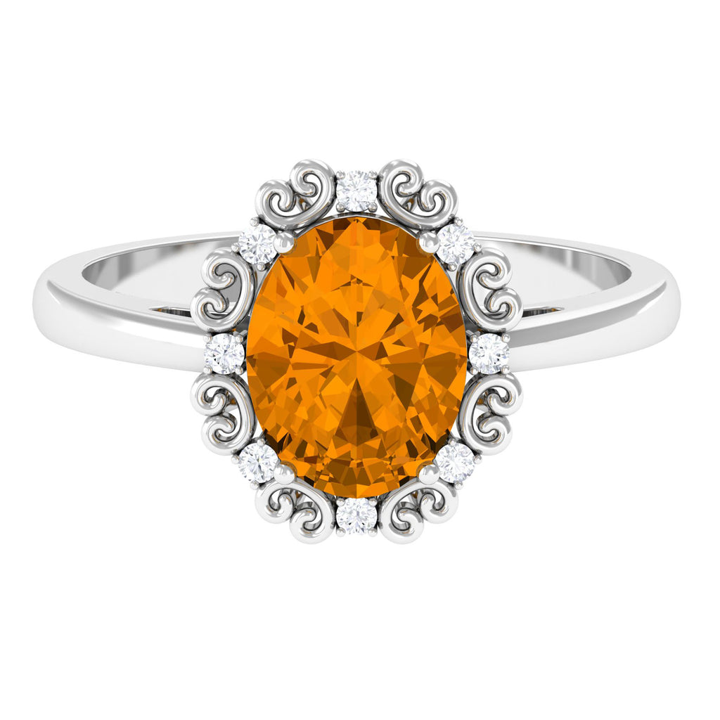 Vintage Inspired Oval Citrine Engagement Ring with Diamond Citrine - ( AAA ) - Quality - Rosec Jewels