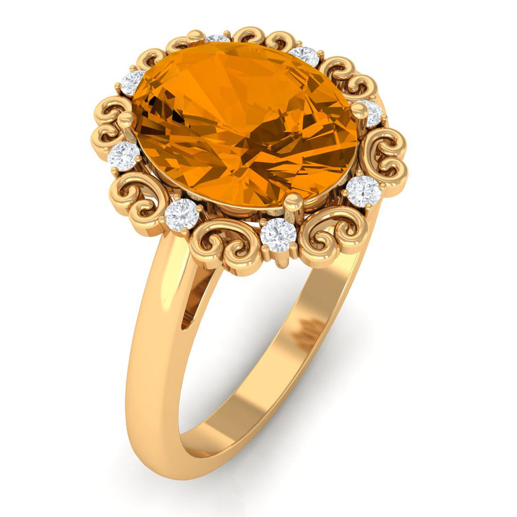 Vintage Inspired Oval Citrine Engagement Ring with Diamond Citrine - ( AAA ) - Quality - Rosec Jewels