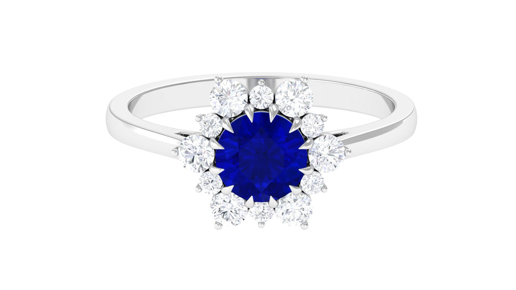 Round Cut Created Blue Sapphire Classic Halo Engagement Ring with Moissanite Lab Created Blue Sapphire - ( AAAA ) - Quality - Rosec Jewels
