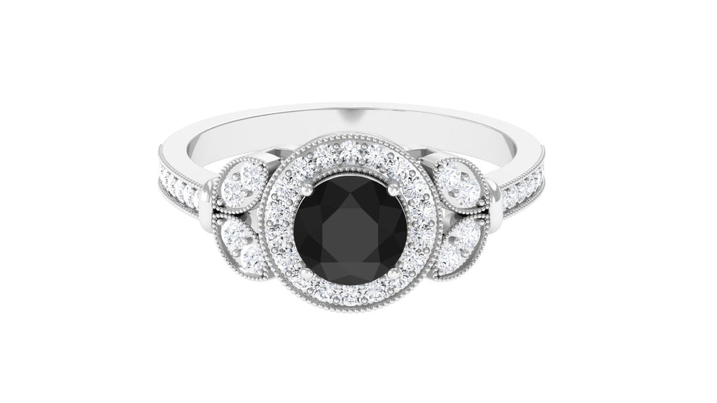 Vintage Inspired Created Black Diamond and Moissanite Engagement Ring Lab Created Black Diamond - ( AAAA ) - Quality - Rosec Jewels