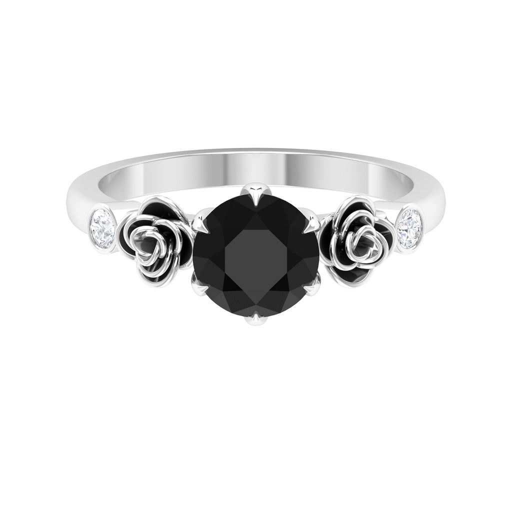1.50 CT Solitaire Black Spinel Flower Ring with Moissanite Side Stones