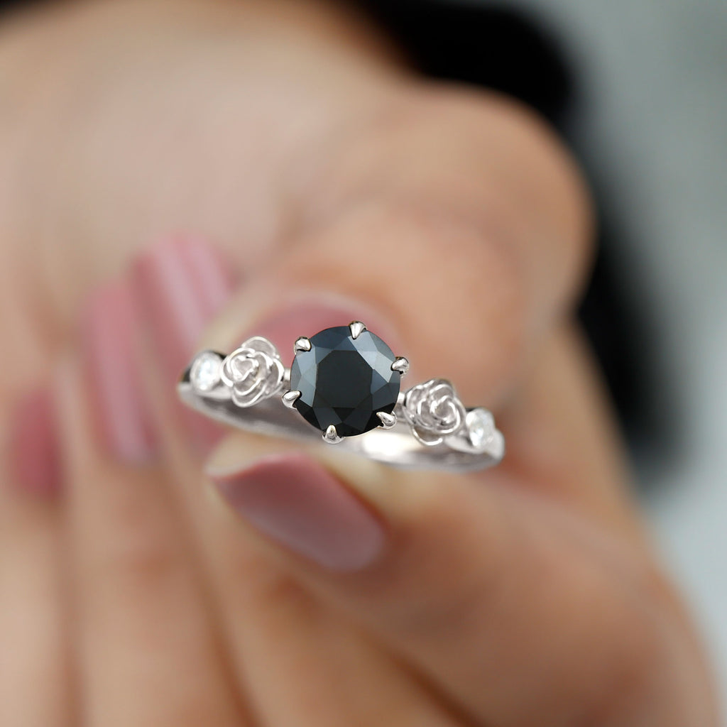 1.50 CT Solitaire Black Spinel Flower Ring with Diamond Side Stones Black Spinel - ( AAA ) - Quality - Rosec Jewels
