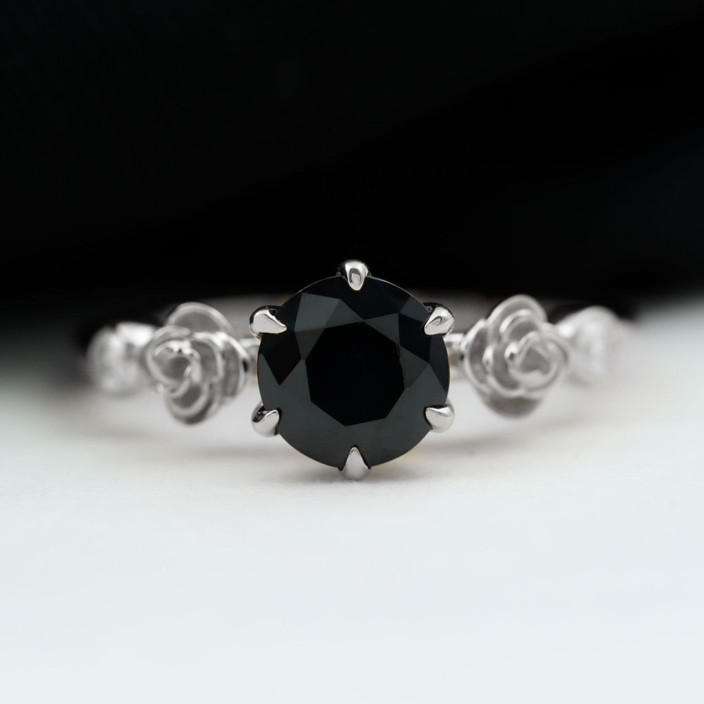 1.50 CT Solitaire Black Spinel Flower Ring with Moissanite Side Stones