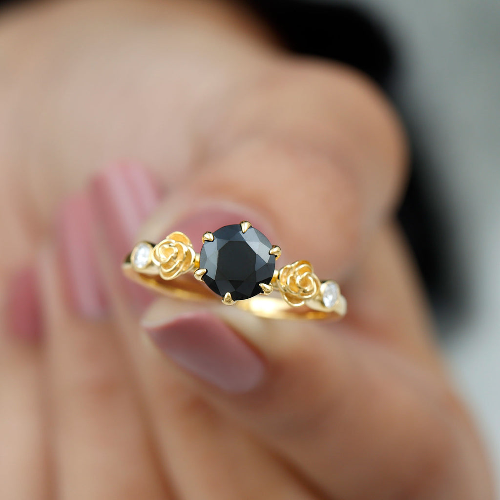 1.50 CT Solitaire Black Spinel Flower Ring with Diamond Side Stones Black Spinel - ( AAA ) - Quality - Rosec Jewels