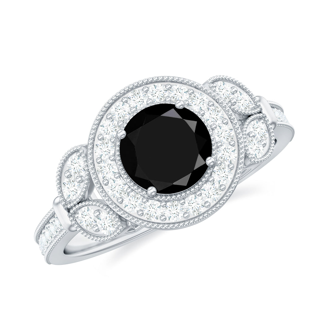 Vintage Inspired Black Onyx and Diamond Engagement Ring Black Onyx - ( AAA ) - Quality - Rosec Jewels