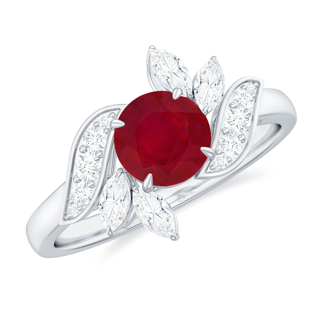 Claw Set Ruby Flower Engagement Ring with Diamond Ruby - ( AAA ) - Quality - Rosec Jewels
