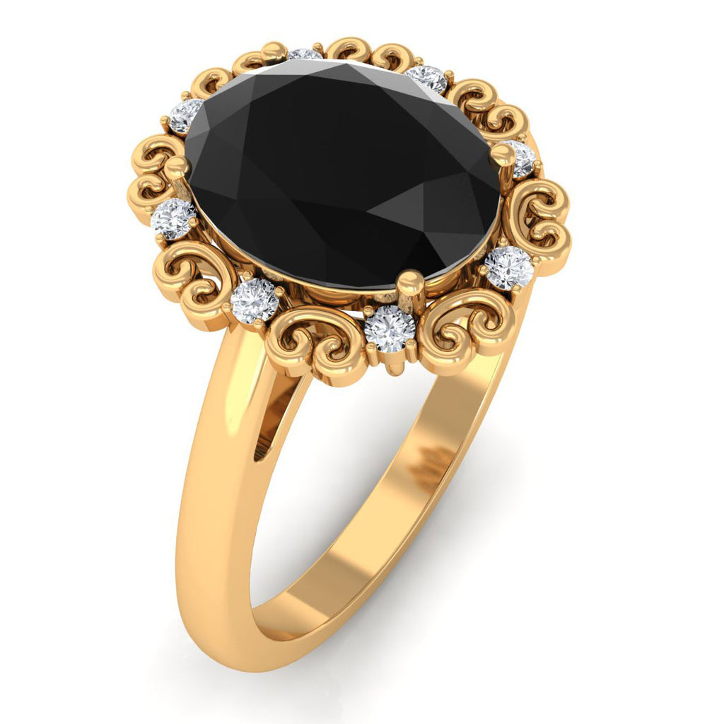Lab Grown Black Diamond Oval Engagement Ring with Diamond Lab Created Black Diamond - ( AAAA ) - Quality - Rosec Jewels