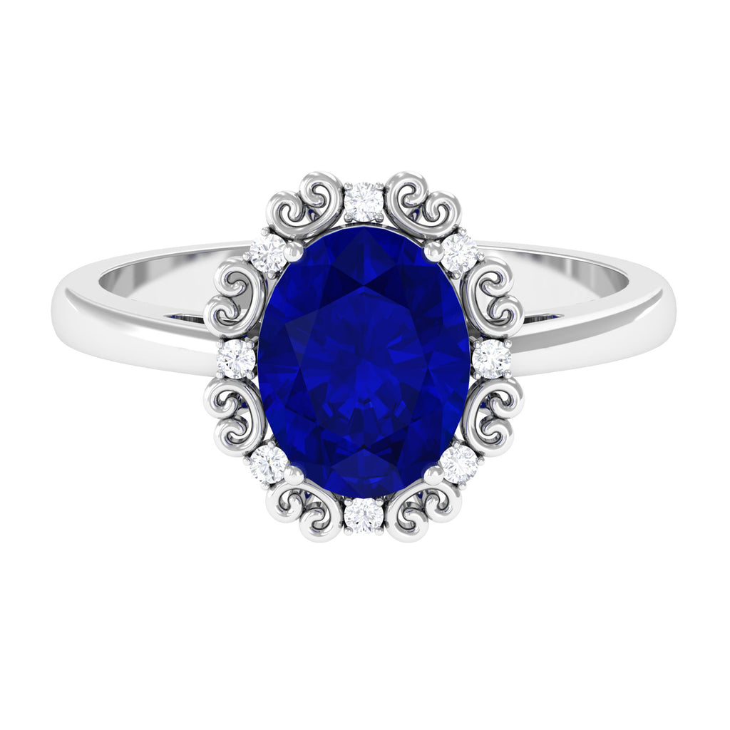 4 CT Vintage Inspired Created Blue Sapphire Engagement Ring with Diamond Lab Created Blue Sapphire - ( AAAA ) - Quality - Rosec Jewels