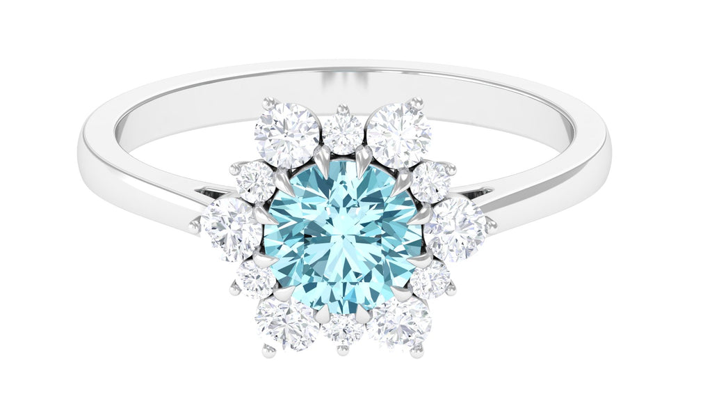 Natural Aquamarine Halo Engagement Ring with Diamond Aquamarine - ( AAA ) - Quality - Rosec Jewels