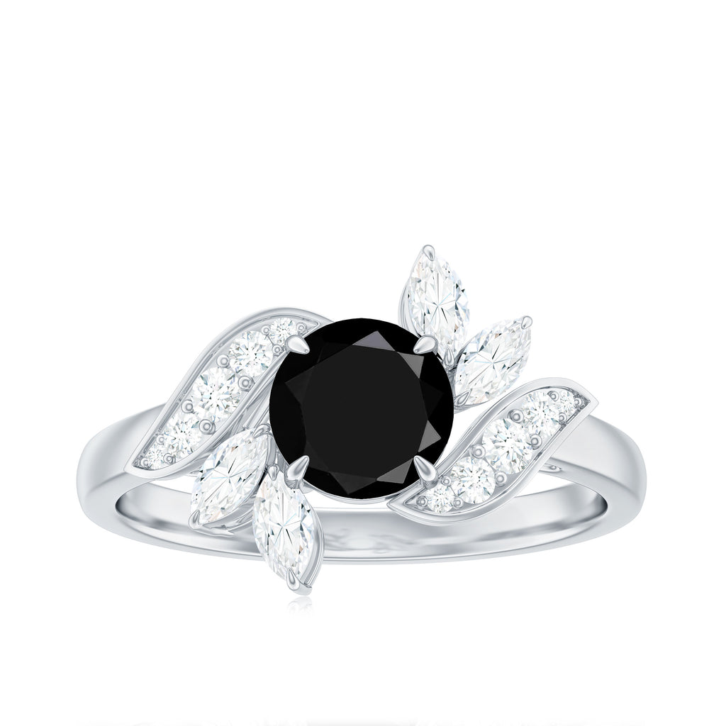 Lab-Created Black Diamond Flower Engagement Ring with Diamond Lab Created Black Diamond - ( AAAA ) - Quality - Rosec Jewels