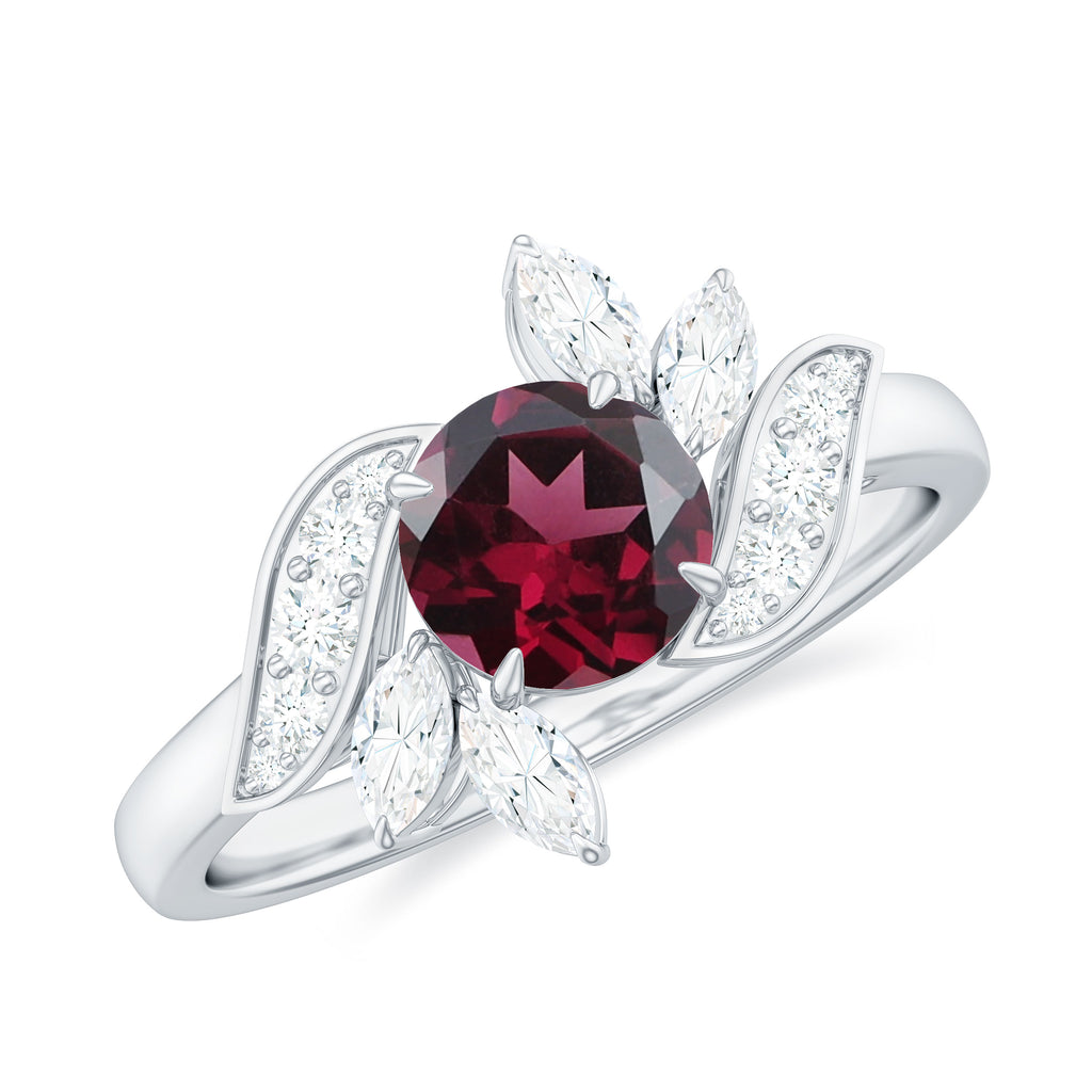 Natural Rhodolite Flower Engagement Ring with Diamond Rhodolite - ( AAA ) - Quality - Rosec Jewels