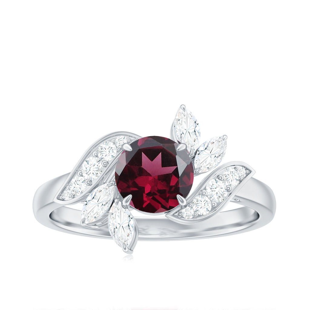 Natural Rhodolite Flower Engagement Ring with Diamond Rhodolite - ( AAA ) - Quality - Rosec Jewels
