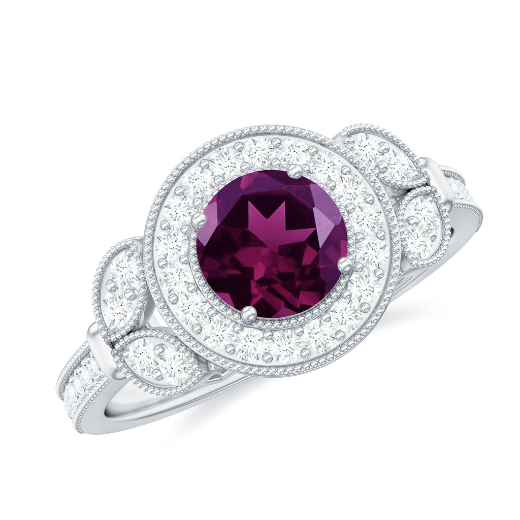 Vintage Inspired Rhodolite Engagement Ring with Diamond Rhodolite - ( AAA ) - Quality - Rosec Jewels