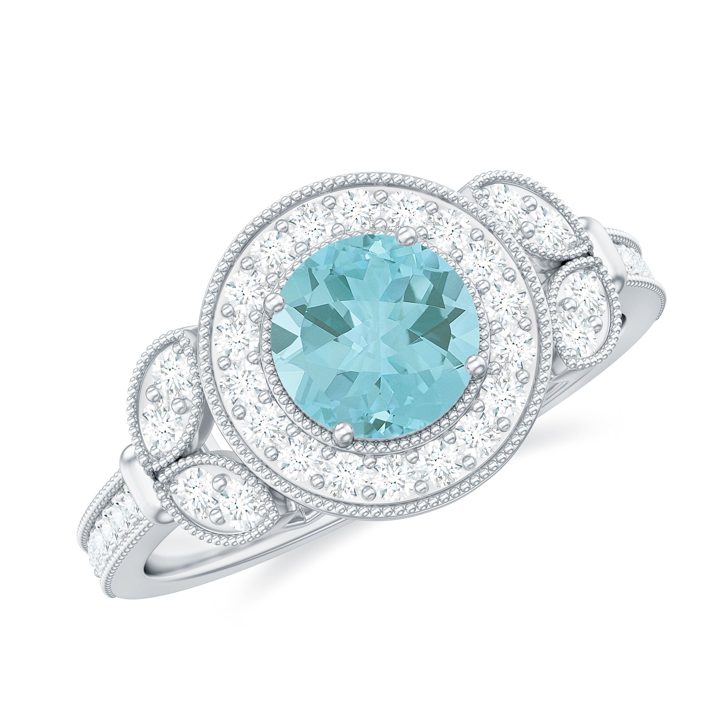 Sky Blue Topaz Vintage Beaded Engagement Ring with Diamond Sky Blue Topaz - ( AAA ) - Quality - Rosec Jewels