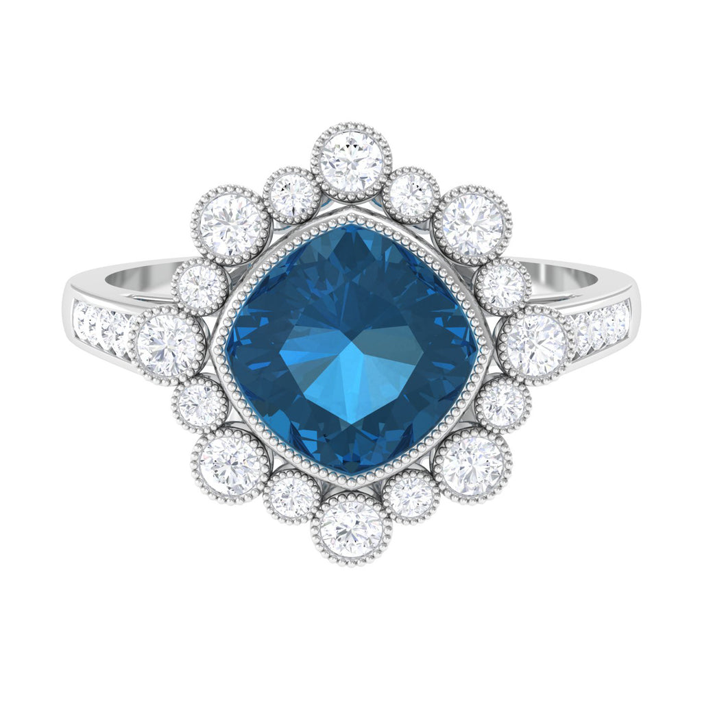 Cushion Cut London Blue Topaz Cocktail Engagement Ring with Diamond Halo London Blue Topaz - ( AAA ) - Quality - Rosec Jewels