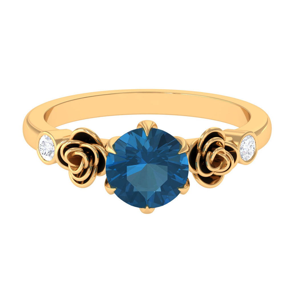 1.5 CT Solitaire London Blue Topaz Flower Ring with Diamond London Blue Topaz - ( AAA ) - Quality - Rosec Jewels