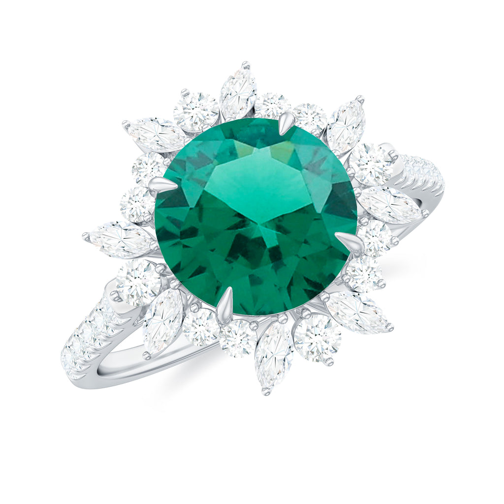 Lab-Created Emerald Cocktail Ring with Moissanite Floral Halo Lab Created Emerald - ( AAAA ) - Quality - Rosec Jewels