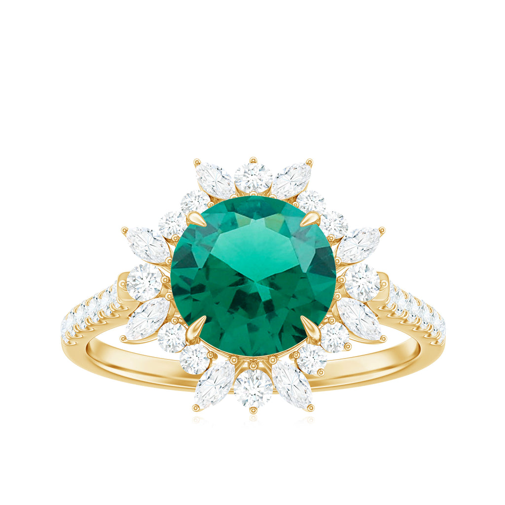 Lab-Created Emerald Cocktail Ring with Moissanite Floral Halo Lab Created Emerald - ( AAAA ) - Quality - Rosec Jewels