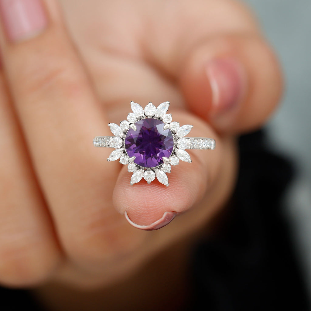 3 CT Round Amethyst Statement Ring with Moissanite Floral Halo Amethyst - ( AAA ) - Quality - Rosec Jewels