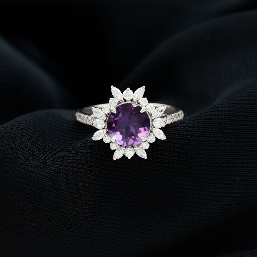 3 CT Round Amethyst Statement Ring with Moissanite Floral Halo Amethyst - ( AAA ) - Quality - Rosec Jewels