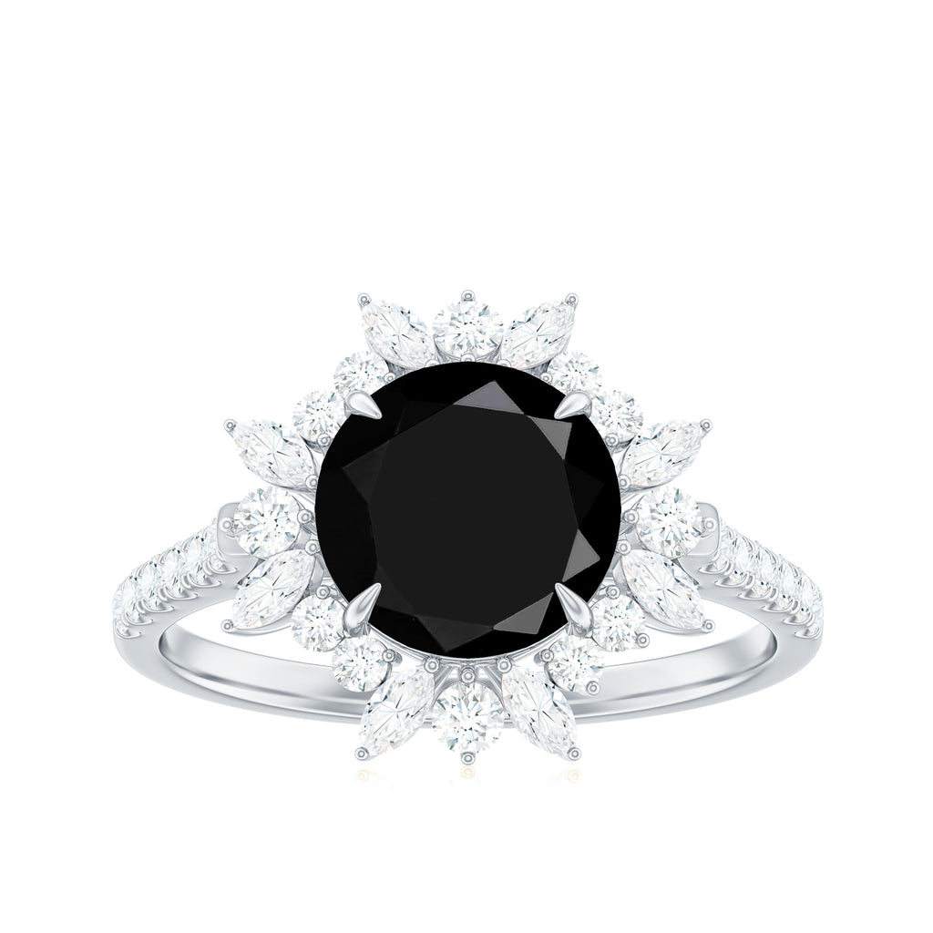 Round Black Spinel Statement Ring with Moissanite Floral Halo Black Spinel - ( AAA ) - Quality - Rosec Jewels