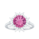 3 CT Round Pink Tourmaline Statement Ring with Moissanite Floral Halo Pink Tourmaline - ( AAA ) - Quality - Rosec Jewels
