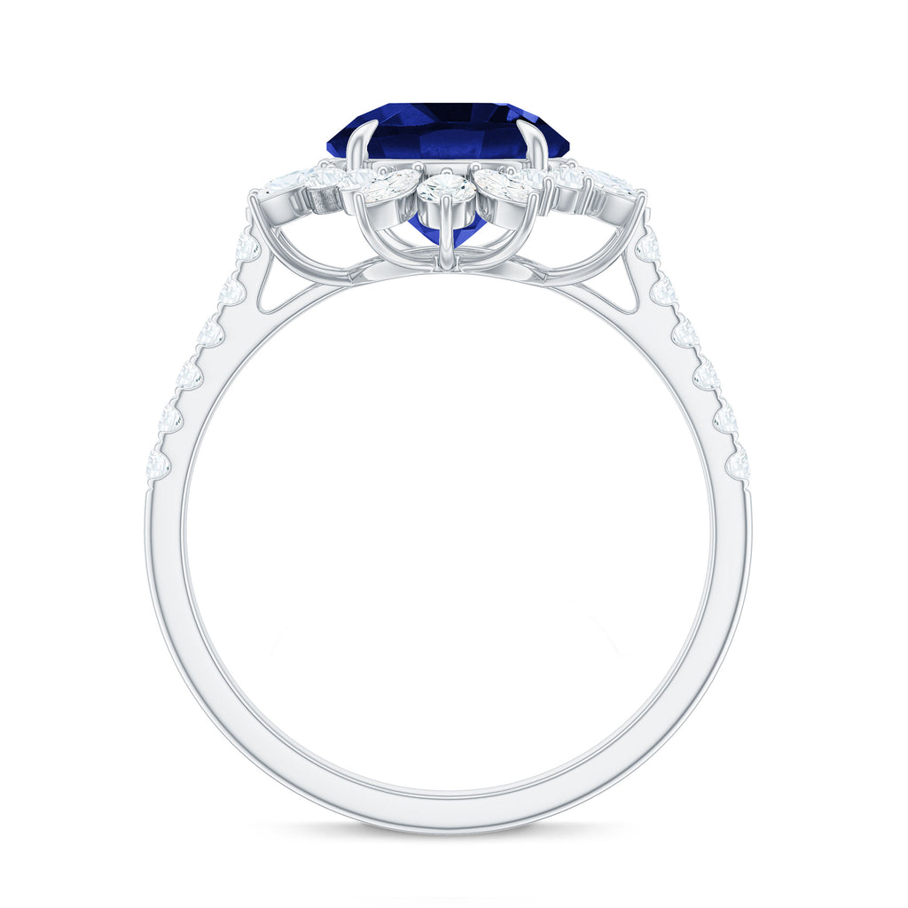 Lab-Created Blue Sapphire Cocktail Ring with Diamond Floral Halo Lab Created Blue Sapphire - ( AAAA ) - Quality - Rosec Jewels