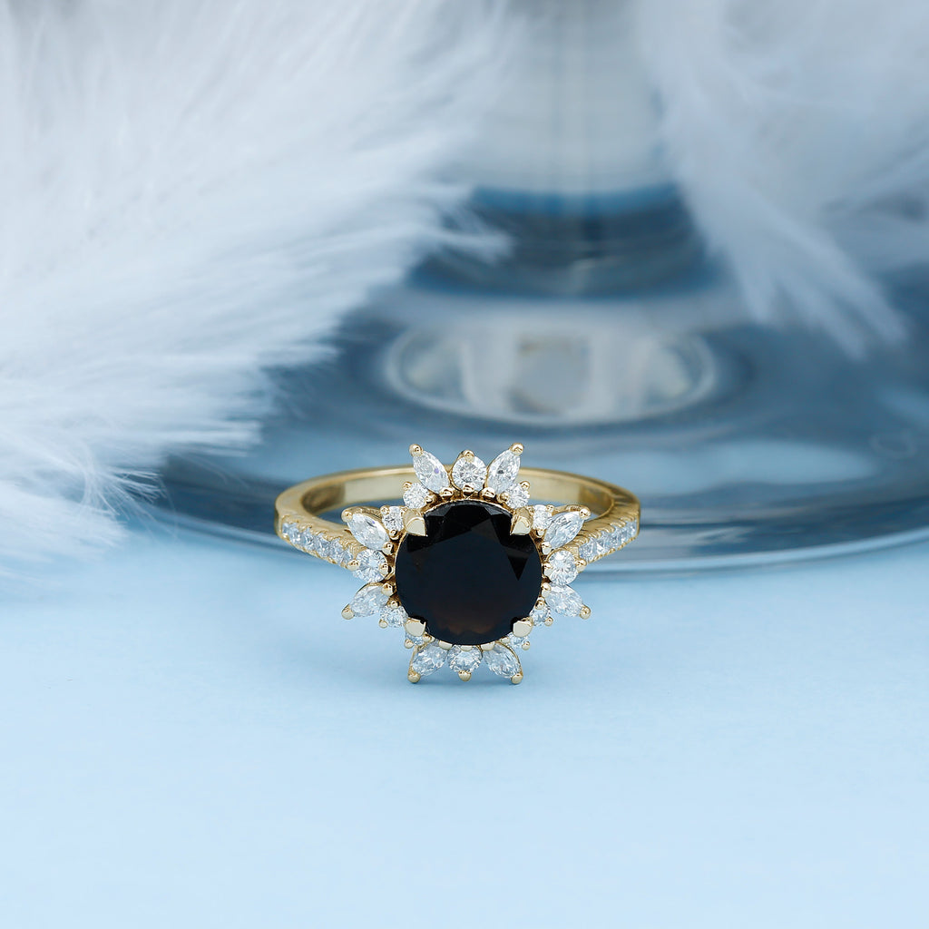 Round Created Black Diamond Statement Ring with Moissanite Floral Halo Lab Created Black Diamond - ( AAAA ) - Quality - Rosec Jewels