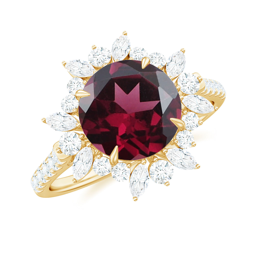 Round Rhodolite Statement Ring with Moissanite Floral Halo Rhodolite - ( AAA ) - Quality - Rosec Jewels