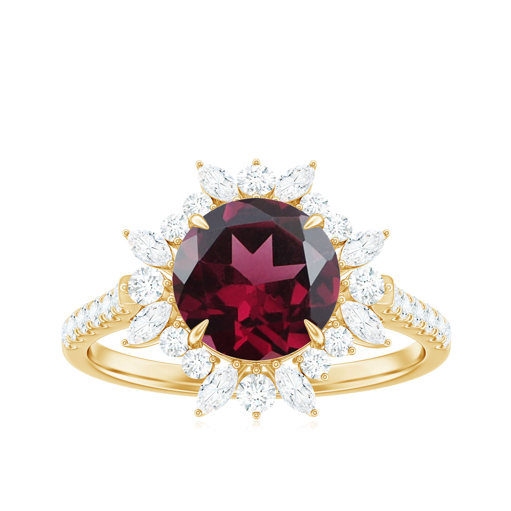Round Rhodolite Statement Ring with Moissanite Floral Halo Rhodolite - ( AAA ) - Quality - Rosec Jewels