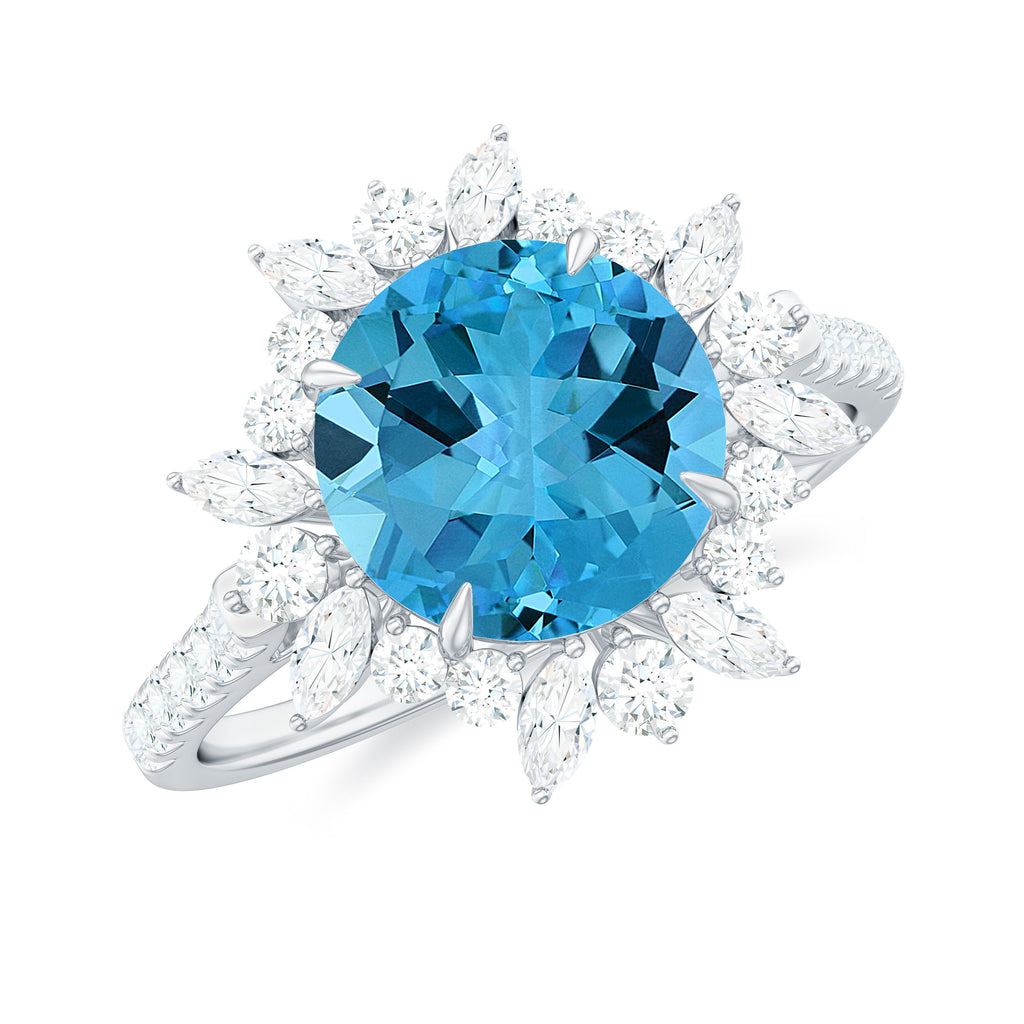 Round Swiss Blue Topaz Statement Ring with Moissanite Floral Halo Swiss Blue Topaz - ( AAA ) - Quality - Rosec Jewels