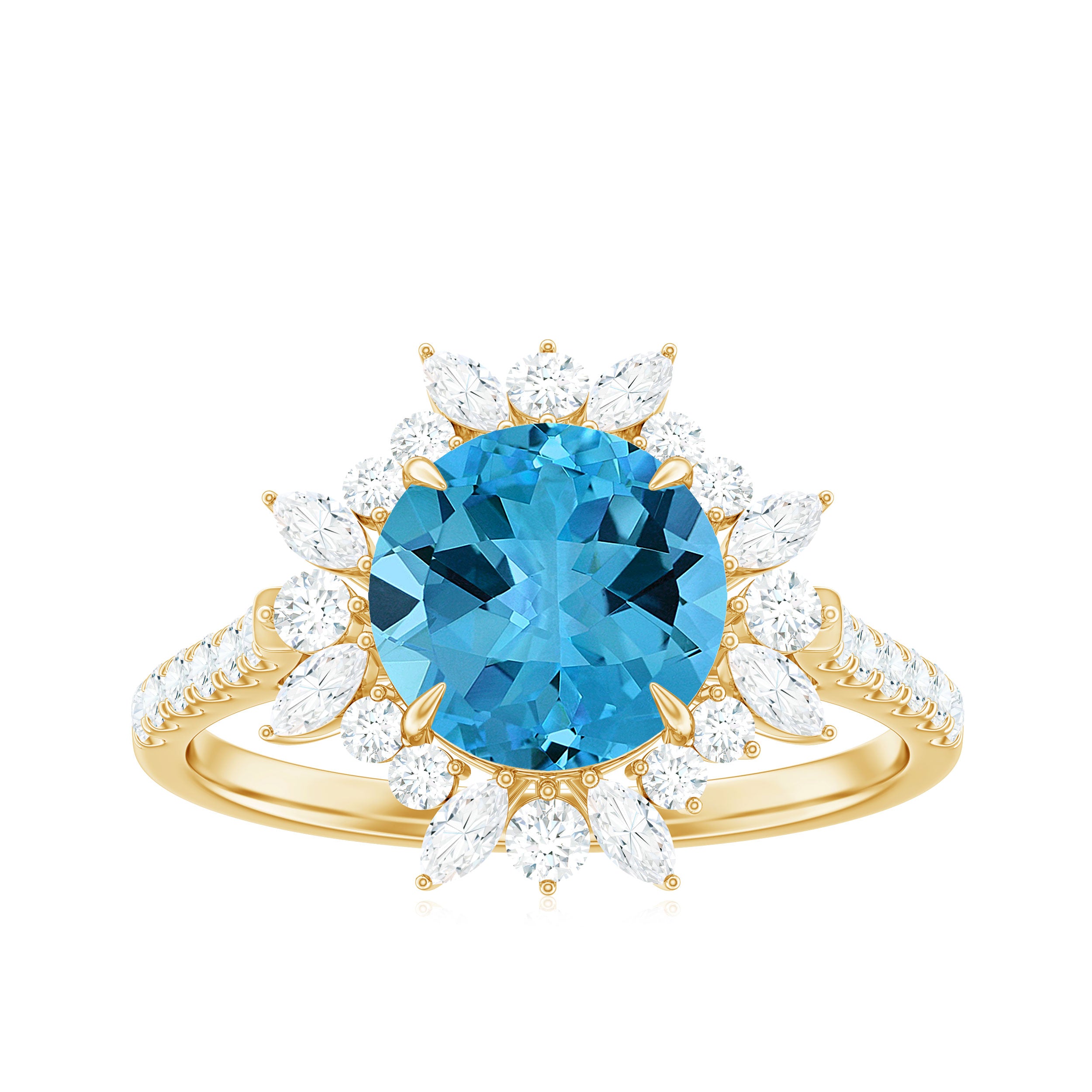 Round Swiss Blue Topaz Statement Ring with Moissanite Floral Halo Swiss Blue Topaz - ( AAA ) - Quality - Rosec Jewels