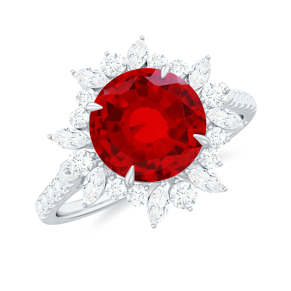 Round Created Ruby Statement Ring with Moissanite Floral Halo Lab Created Ruby - ( AAAA ) - Quality - Rosec Jewels