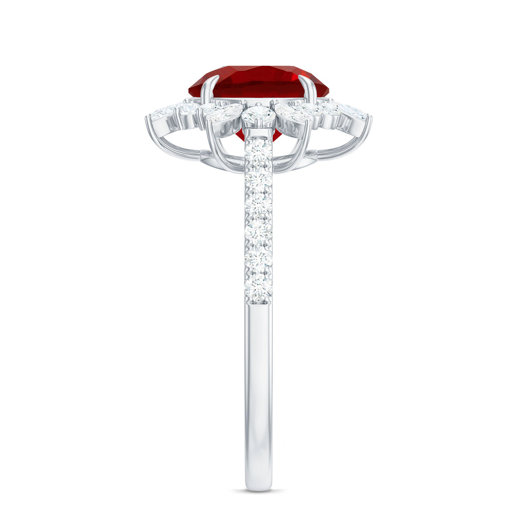 Round Created Ruby Statement Ring with Moissanite Floral Halo Lab Created Ruby - ( AAAA ) - Quality - Rosec Jewels