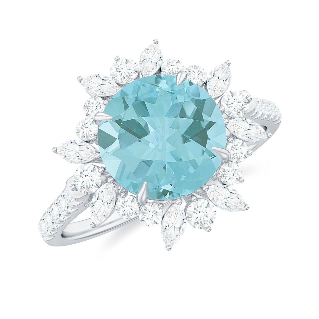 Round Sky Blue Topaz Statement Engagement Ring with Moissanite Floral Halo Sky Blue Topaz - ( AAA ) - Quality - Rosec Jewels