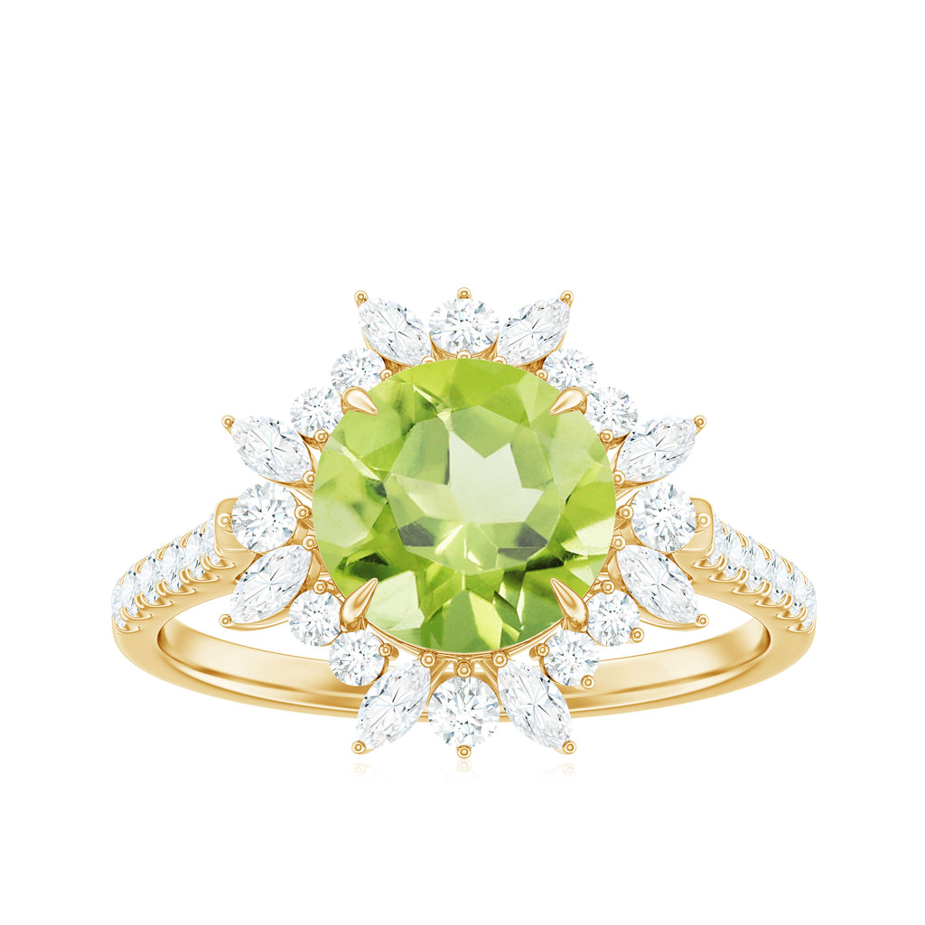 Round Peridot Statement Ring with Moissanite Floral Halo Peridot - ( AAA ) - Quality - Rosec Jewels
