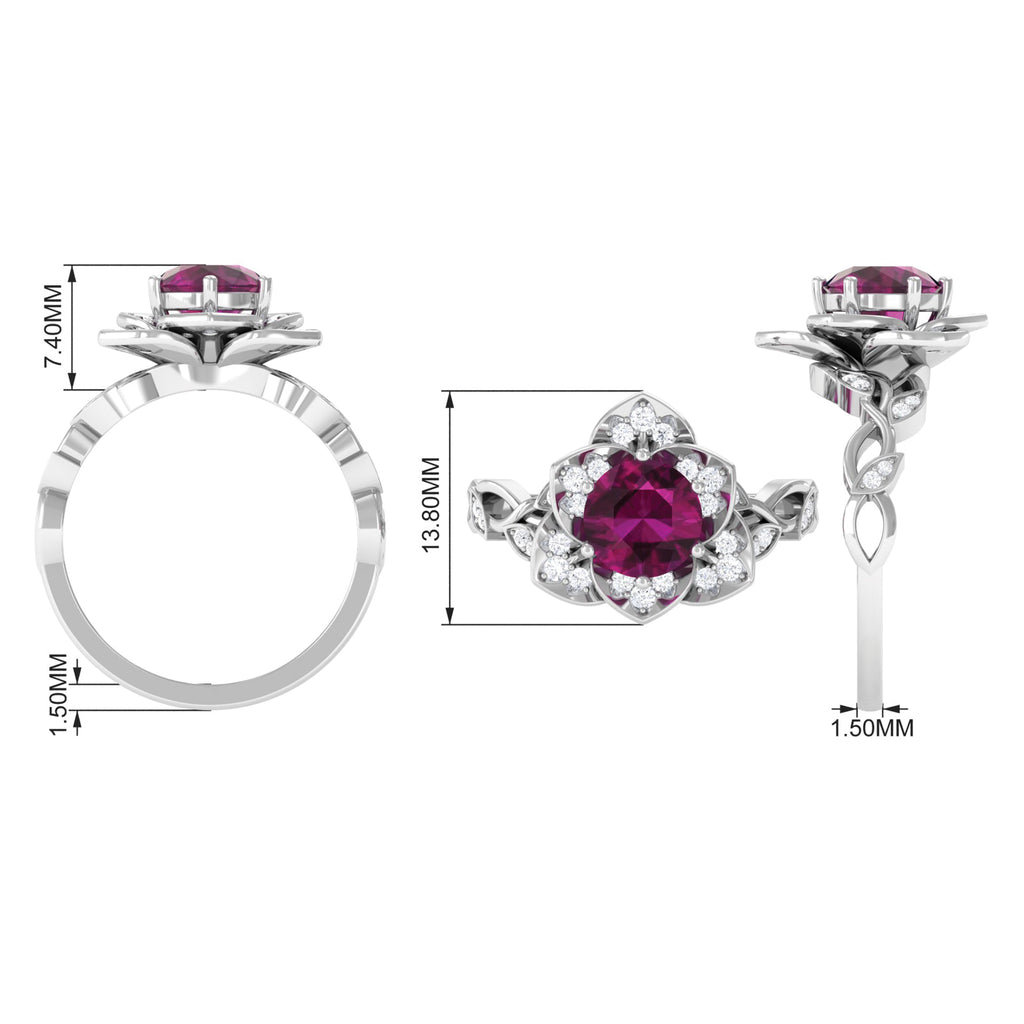 2 CT Rhodolite Floral Engagement Ring with Diamond Accent Rhodolite - ( AAA ) - Quality - Rosec Jewels