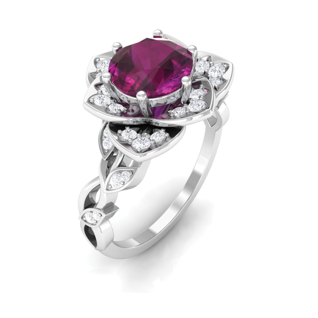 2 CT Rhodolite Floral Engagement Ring with Diamond Accent Rhodolite - ( AAA ) - Quality - Rosec Jewels