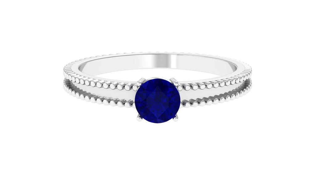 5 MM Solitaire Blue Sapphire Band Ring with Beaded Embellishment Blue Sapphire - ( AAA ) - Quality - Rosec Jewels
