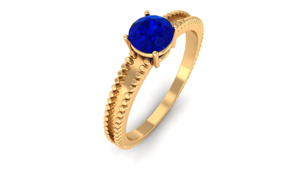 5 MM Solitaire Blue Sapphire Band Ring with Beaded Embellishment Blue Sapphire - ( AAA ) - Quality - Rosec Jewels